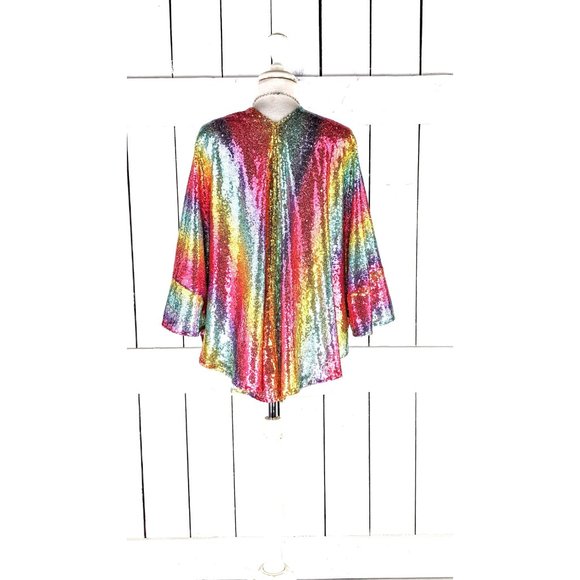 Cropped rainbow striped colorful sequins kimono cover up jacket - Picture 6 of 7